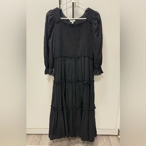 Tiered Swiss Dot Black Square Neck Midi Dress